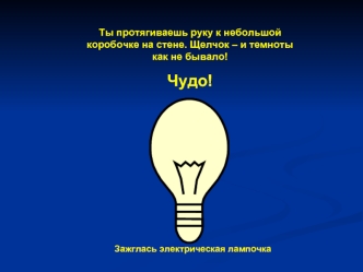 Ты протягиваешь руку к небольшой коробочке на стене. Щелчок – и темноты как не бывало!
Чудо!