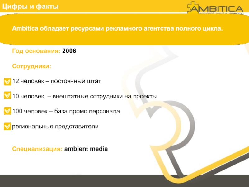 Цифры и факты  Ambitica обладает ресурсами рекламного агентства полного цикла.