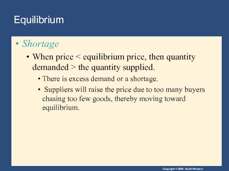 Equilibrium Shortage When price < equilibrium price, then quantity demanded > the