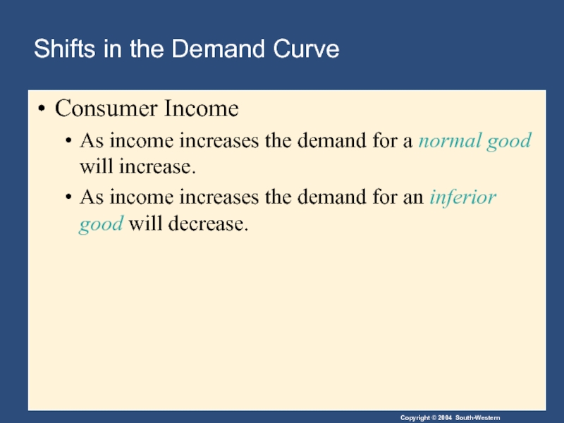 Shifts in the Demand Curve Consumer Income As income increases the demand
