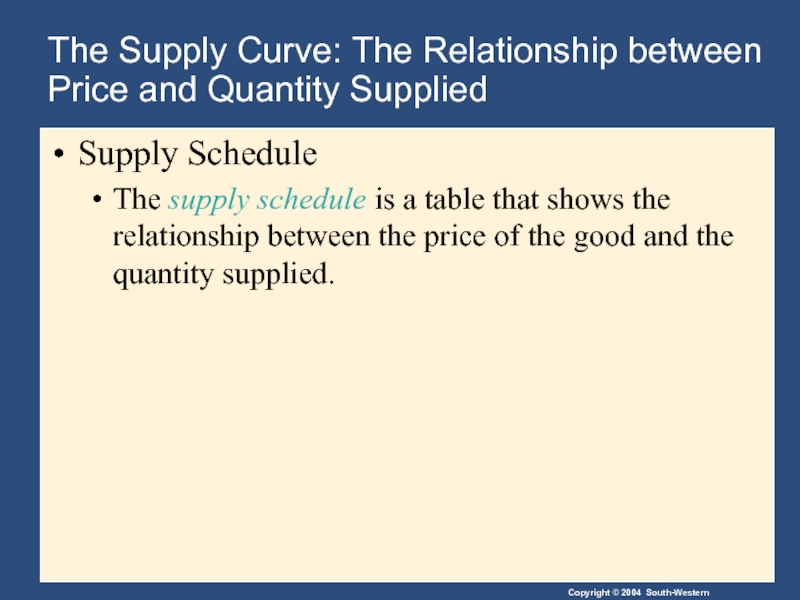 The Supply Curve: The Relationship between Price and Quantity Supplied Supply Schedule