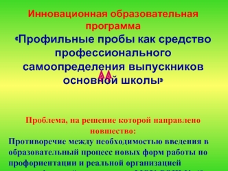 Инновационная образовательная программа
Профильные пробы как средство профессионального самоопределения выпускников основной школы


Проблема, на решение которой направлено новшество:
Противоречие между необходимостью введения в образовательный процесс но