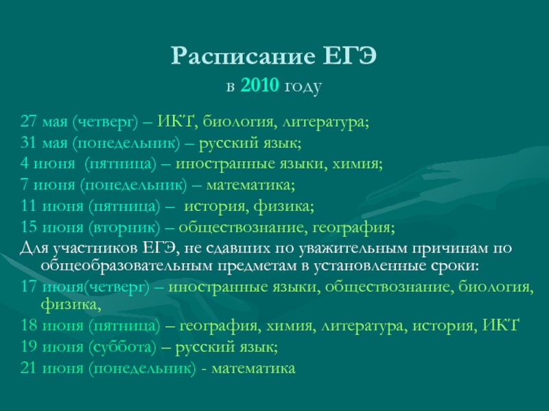 Расписание ЕГЭ  в 2010 году 27 мая (четверг) – ИКТ, биология,