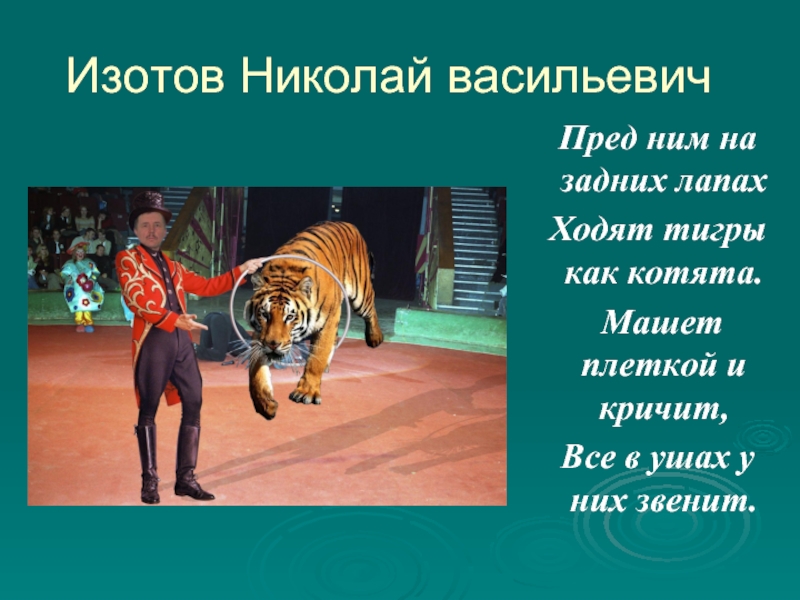 Изотов Николай васильевич  Пред ним на задних лапах  Ходят тигры