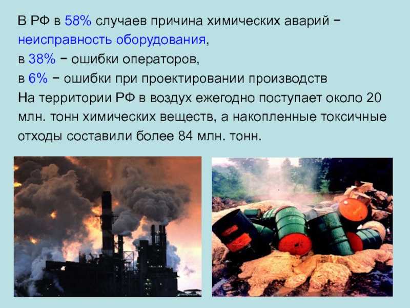 В РФ в 58% случаев причина химических аварий  неисправность оборудования,