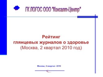 Рейтинг 
глянцевых журналов о здоровье(Москва, 2 квартал 2010 год)