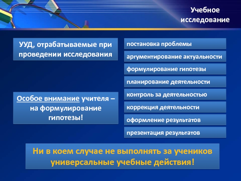 Отработка учебного действия. Проблемы исследовательского обучения. УУД при исследовательской деятельности. Проблемы планирования деятельности. Постановка проблемы. УУД.