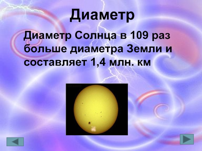 Диаметр Диаметр Солнца в 109 раз больше диаметра Земли и составляет 1,4 млн. км
