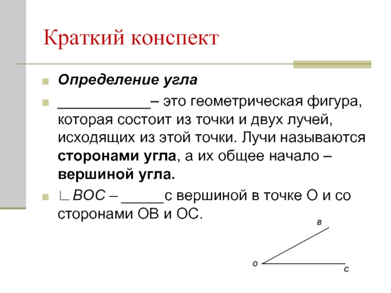 Краткий конспектОпределение угла___________– это геометрическая фигура, которая состоит из точки и