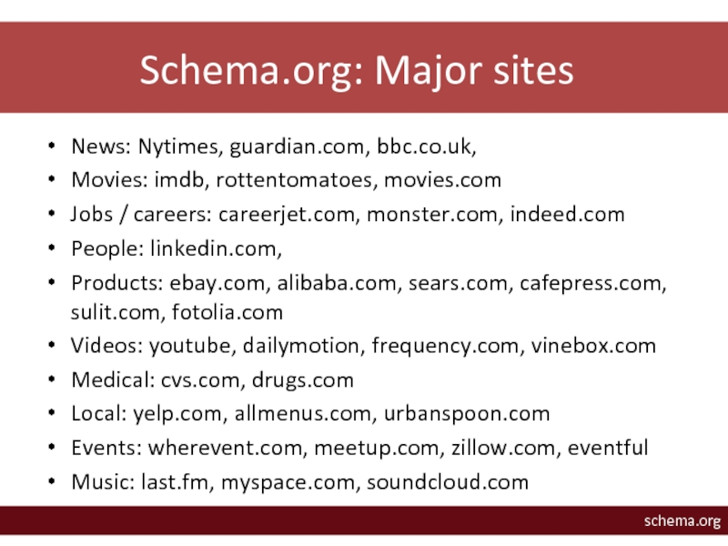 Schema.org: Major sitesNews: Nytimes, guardian.com, bbc.co.uk,Movies: imdb, rottentomatoes, movies.comJobs / careers: careerjet.com,