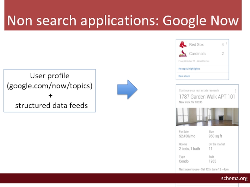 Non search applications: Google NowUser profile (google.com/now/topics) + structured data feedsschema.org