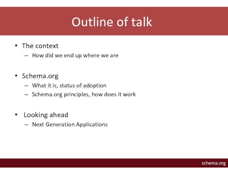 Outline of talkThe context How did we end up where we areSchema.orgWhat