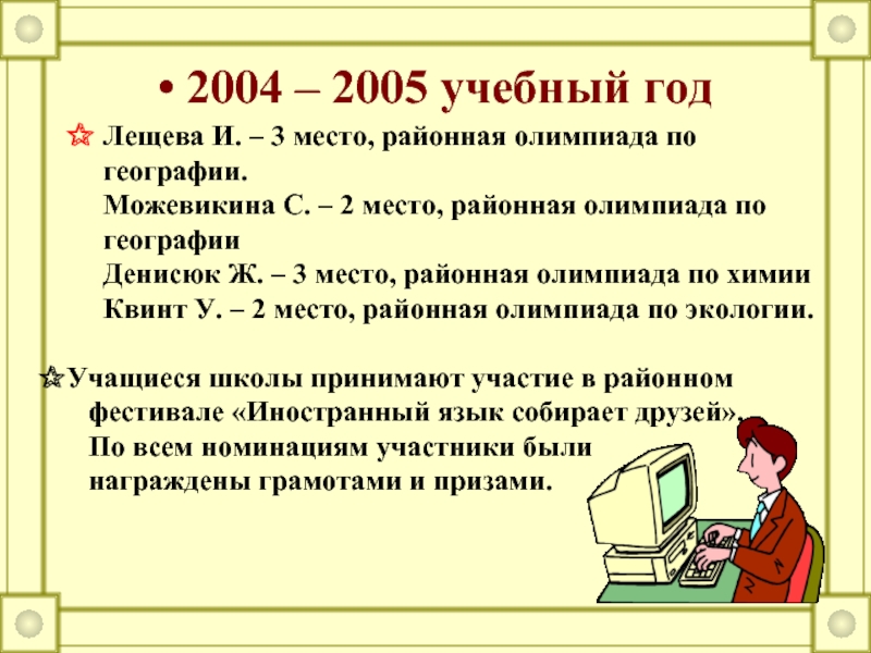 • 2004 – 2005 учебный год ✰ Лещева И. – 3 место,