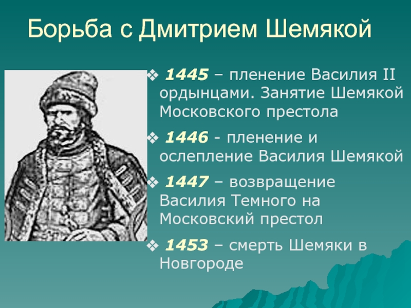 Борьба с Дмитрием Шемякой  1445 – пленение Василия II ордынцами. Занятие