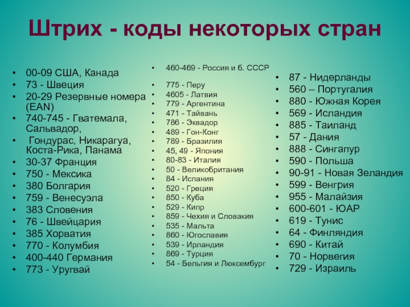 Штрих - коды некоторых стран460-469 - Россия и б. СССР	775 -