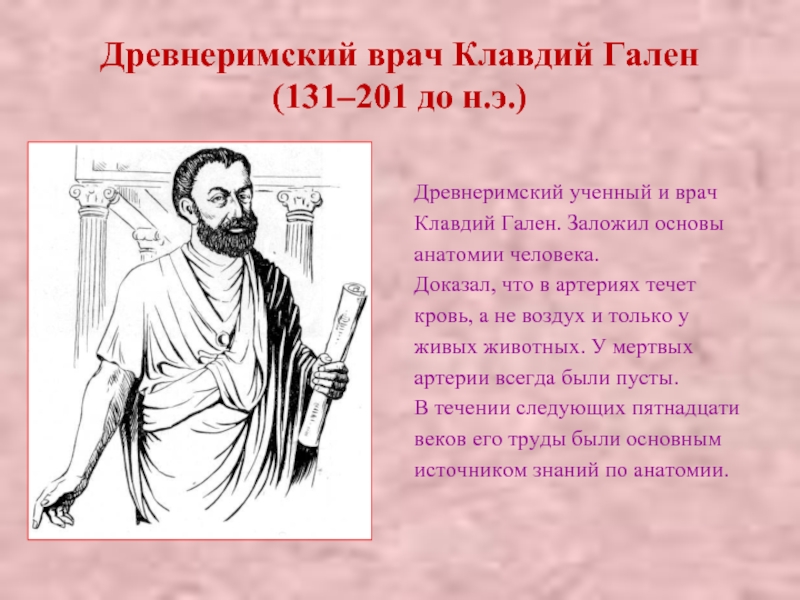 Древнеримский врач Клавдий Гален  (131–201 до н.э.)Древнеримский ученный и врачКлавдий Гален. Заложил