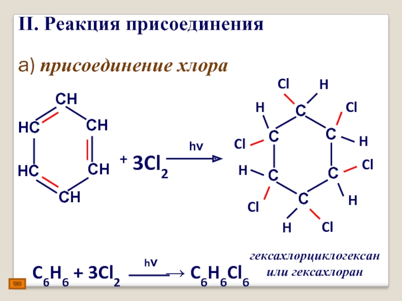 Реагирующие вещества бензол и хлор. Реакция присоединения. Присоединение хлора Тип реакции. Гексахлорциклогексан + h2. Гексахлоран в толуол.