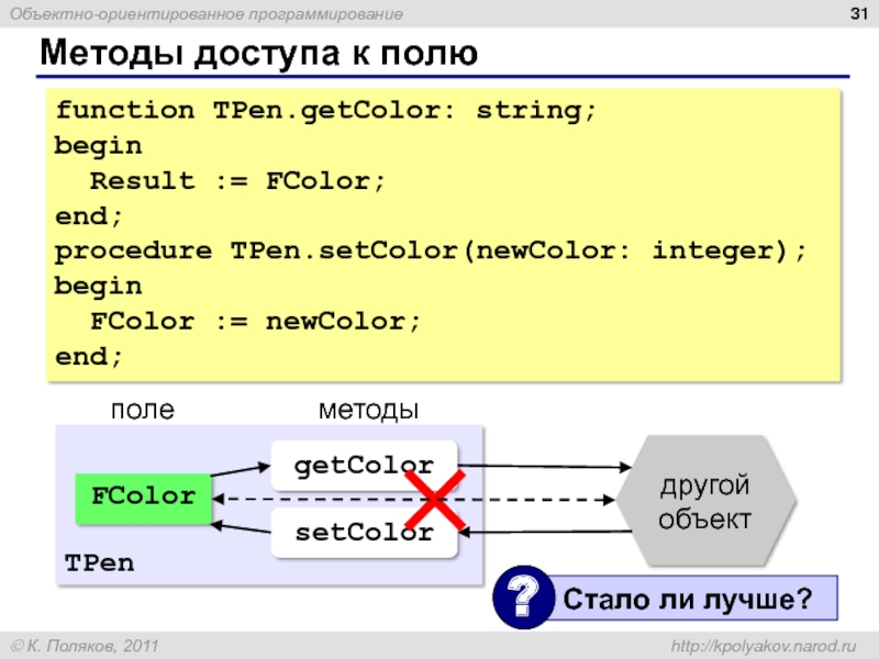 TPen Методы доступа к полю function TPen.getColor: string; begin   Result