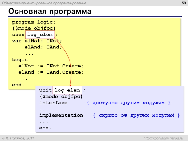 Основная программа program logic; {$mode objfpc} uses log_elem ; var elNot: TNot;