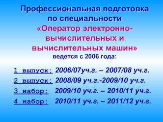 Профессиональная подготовка по специальности Оператор электронно-вычислительных и вычислительных машинведется с 2006 года: