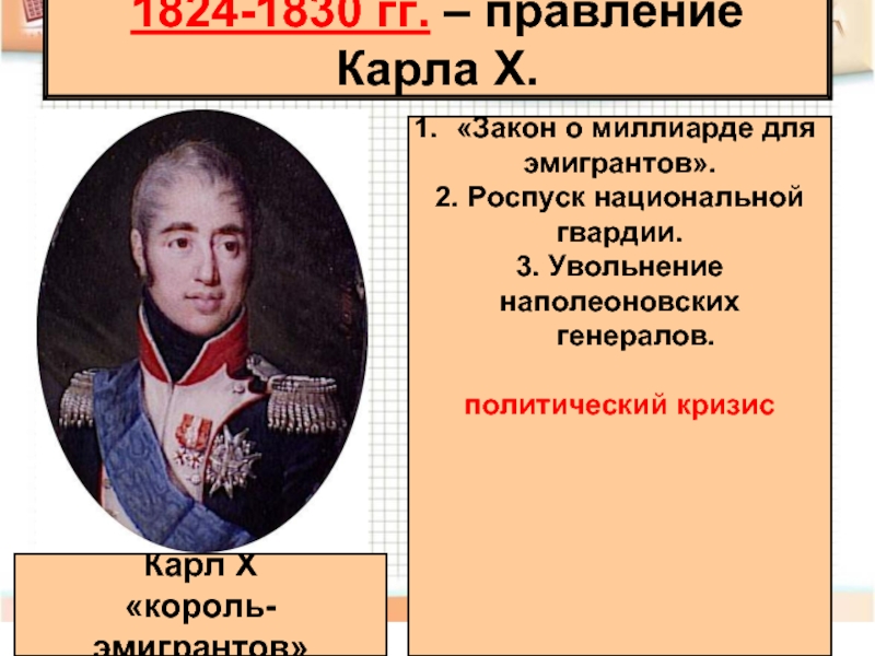 1824-1830 гг. – правление Карла X.Карл X«король- эмигрантов»«Закон о миллиарде дляэмигрантов».2.