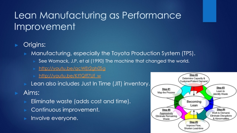 Lean Manufacturing as Performance ImprovementOrigins:Manufacturing, especially the Toyota Production System (TPS).See Womack,