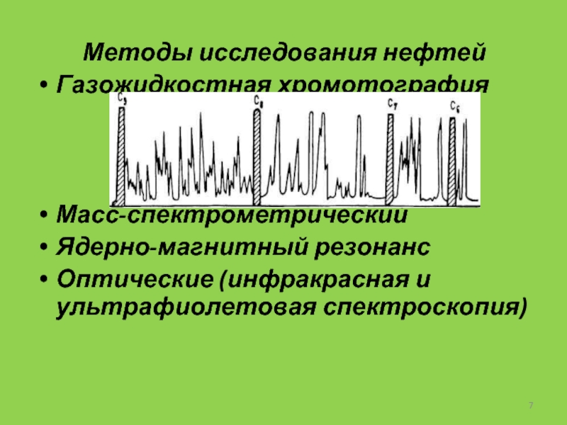 Методы исследования нефтейГазожидкостная хромотографияМасс-спектрометрический Ядерно-магнитный резонансОптические (инфракрасная и ультрафиолетовая спектроскопия)