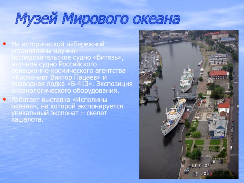 Музей Мирового океанаНа исторической набережной установлены научно-исследовательское судно «Витязь», научное судно