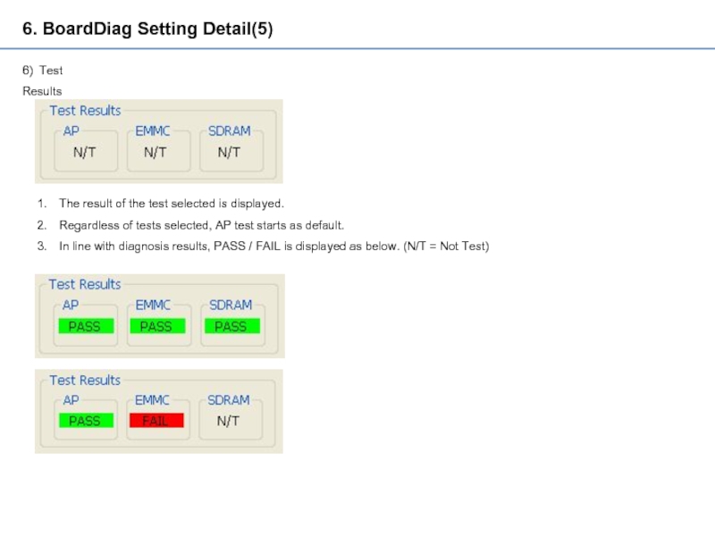 6. BoardDiag Setting Detail(5)6) Test ResultsThe result of the test selected is
