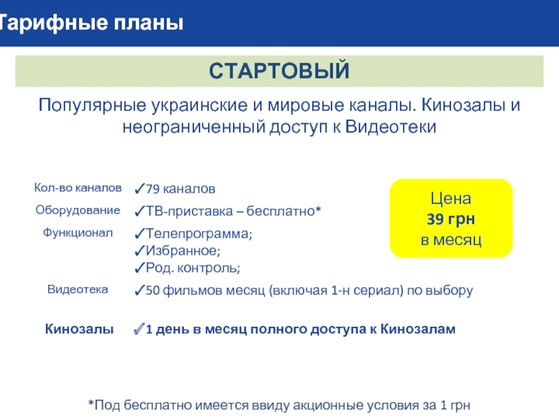 Тарифные планыСТАРТОВЫЙПопулярные украинские и мировые каналы. Кинозалы и неограниченный доступ к ВидеотекиЦена
