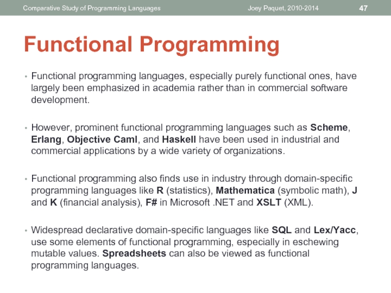 Functional programming languages, especially purely functional ones, have largely been emphasized