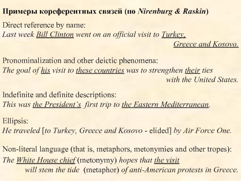 Примеры кореферентных связей (по Nirenburg & Raskin)Direct reference by name:Last week Bill