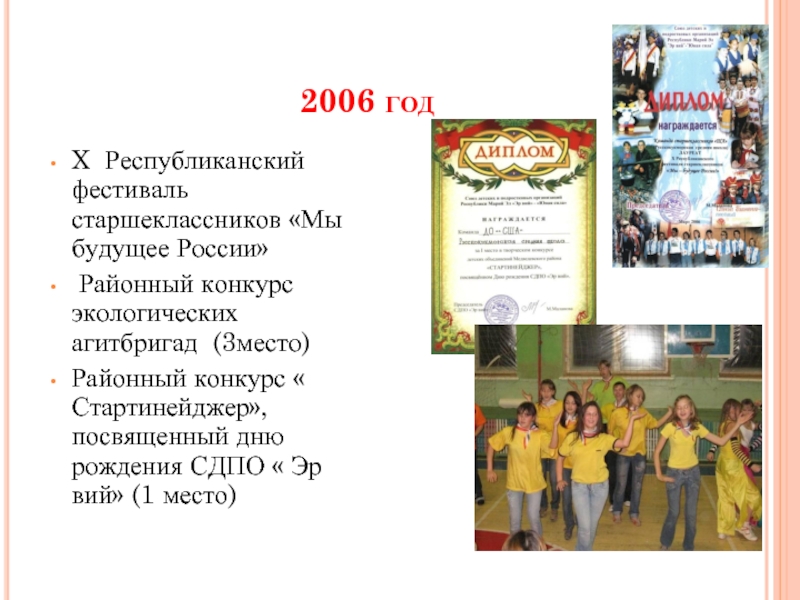 2006 годX Республиканский фестиваль старшеклассников «Мы будущее России» Районный конкурс экологических агитбригад