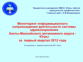 Мониторинг информационного сопровождения деятельности системы здравоохранения
Ханты-Мансийского автономного округа - Югры     
за  первый квартал 2012 года

(в сравнении с  первым кварталом 2011 года)





Ханты-Мансийск 2012 г.