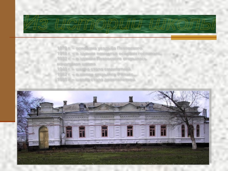 Из истории школы 1878 г. – основана усадьба Пеховского.1918 г. –