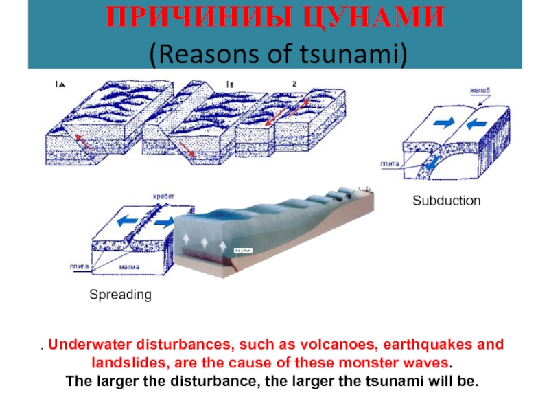 Spreading  ПРИЧИНИЫ ЦУНАМИ  (Reasons of tsunami) Subduction
