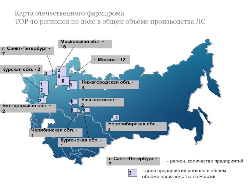 Карта отечественного фармпрома ТОР-10 регионов по доле в общем объёме производства