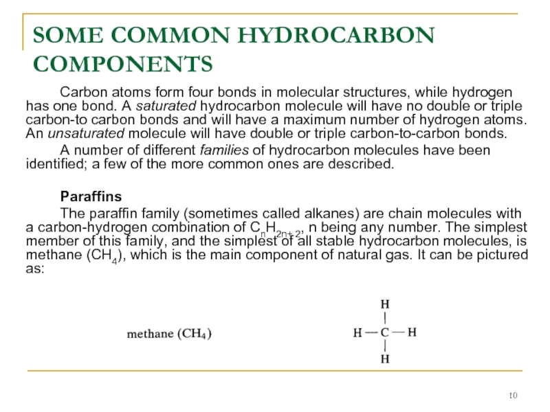 SOME COMMON HYDROCARBON COMPONENTS		Carbon atoms form four bonds in molecular structures,