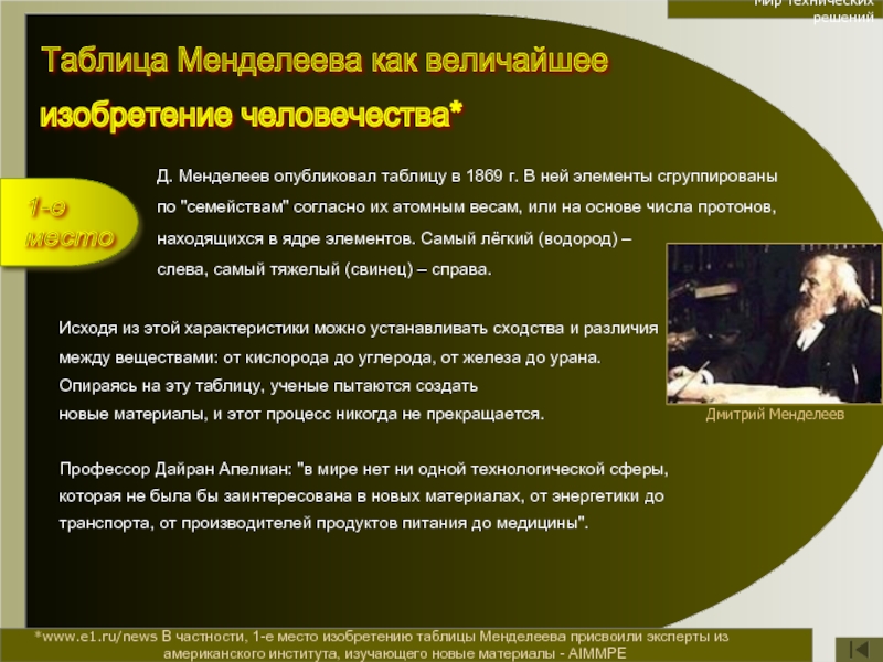 Мир технических решений*www.e1.ru/news В частности, 1-е место изобретению таблицы Менделеева присвоили эксперты