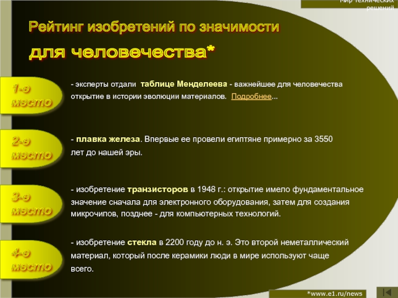 Мир технических решений*www.e1.ru/news- эксперты отдали таблице Менделеева - важнейшее для человечества