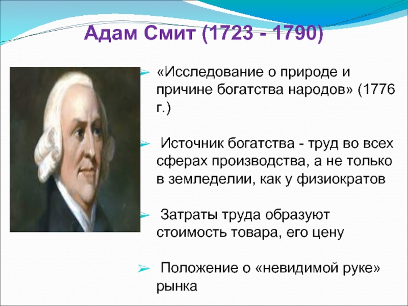 Адам Смит (1723 - 1790)«Исследование о природе и причине богатства народов»