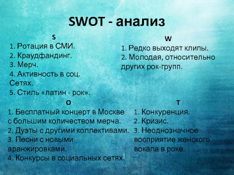 SWOT - анализS 1. Ротация в СМИ.2. Краудфандинг.3. Мерч.4. Активность в соц.