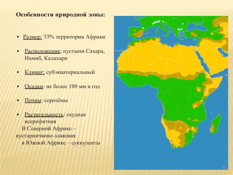 Особенности природной зоны:   Размер: 33% территории Африки  Расположение; пустыни