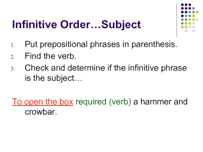 Infinitive Order…SubjectPut prepositional phrases in parenthesis.Find the verb.Check and determine if the