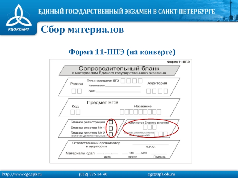 Форма 11-ППЭ (на конверте)Сбор материаловhttp://www.ege.spb.ru			   (812) 576-34-40