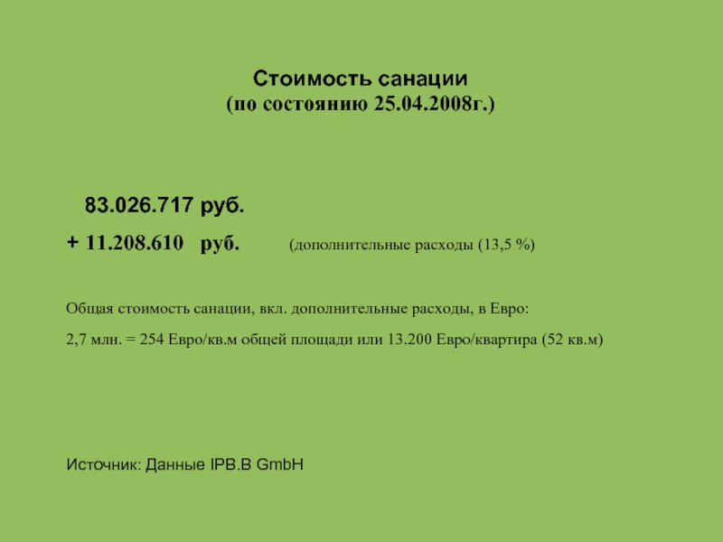 Стоимость санации  (по состоянию 25.04.2008г.)	  83.026.717 руб. + 11.208.610