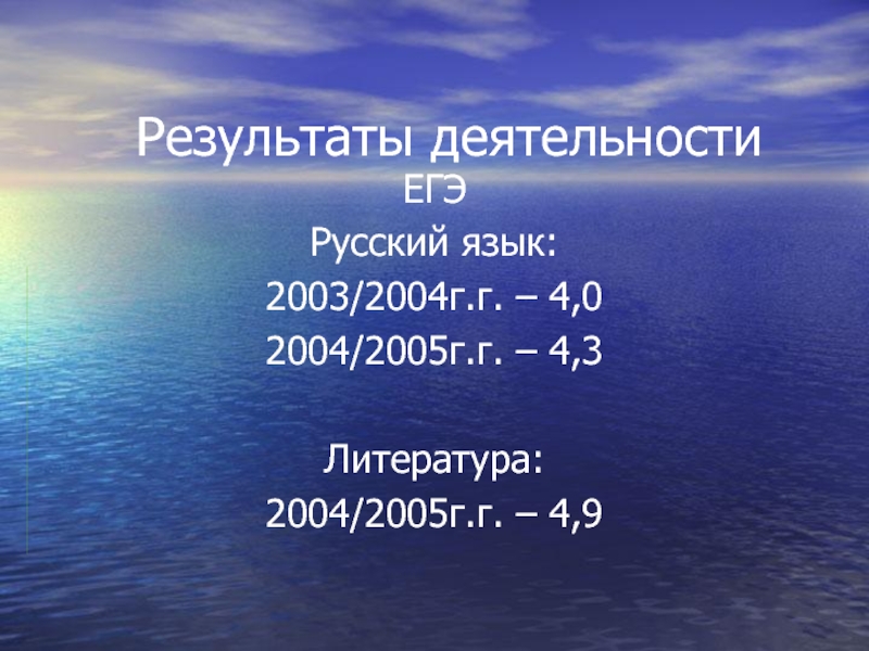 Результаты деятельности ЕГЭ Русский язык: 2003/2004г.г. – 4,0 2004/2005г.г. – 4,3