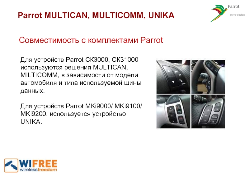 Parrot MULTICAN, MULTICOMM, UNIKAДля устройств Parrot СК3000, СК31000 используются решения MULTICAN,