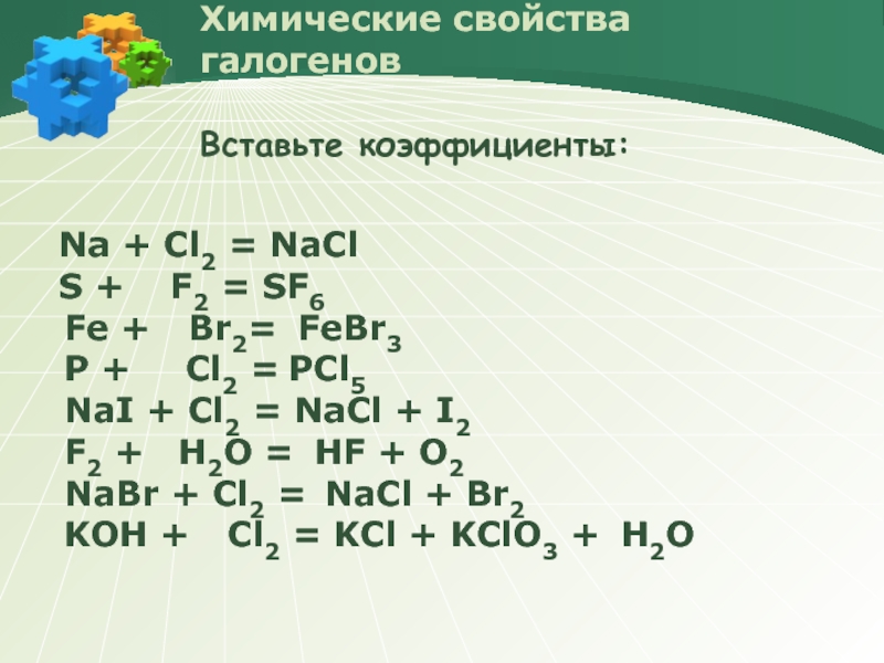 Химические свойства галогенов  Вставьте коэффициенты:   Na + Cl2