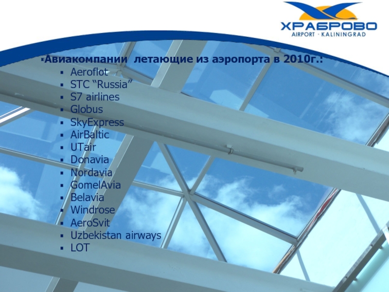Авиакомпании летающие из аэропорта в 2010г.:  Aeroflot  STC “Russia”